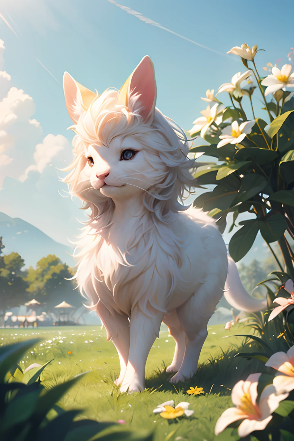 Very cute fluffy white tropical punk fawn，largeeyes，flower  field，full body Esbian，The mouth，Cheerfully，professional light，view from long distance，depth of fields，8K，High-angle wide-angle view，professional photoshooting，rendering by octane，best qualityer，tmasterpiece，