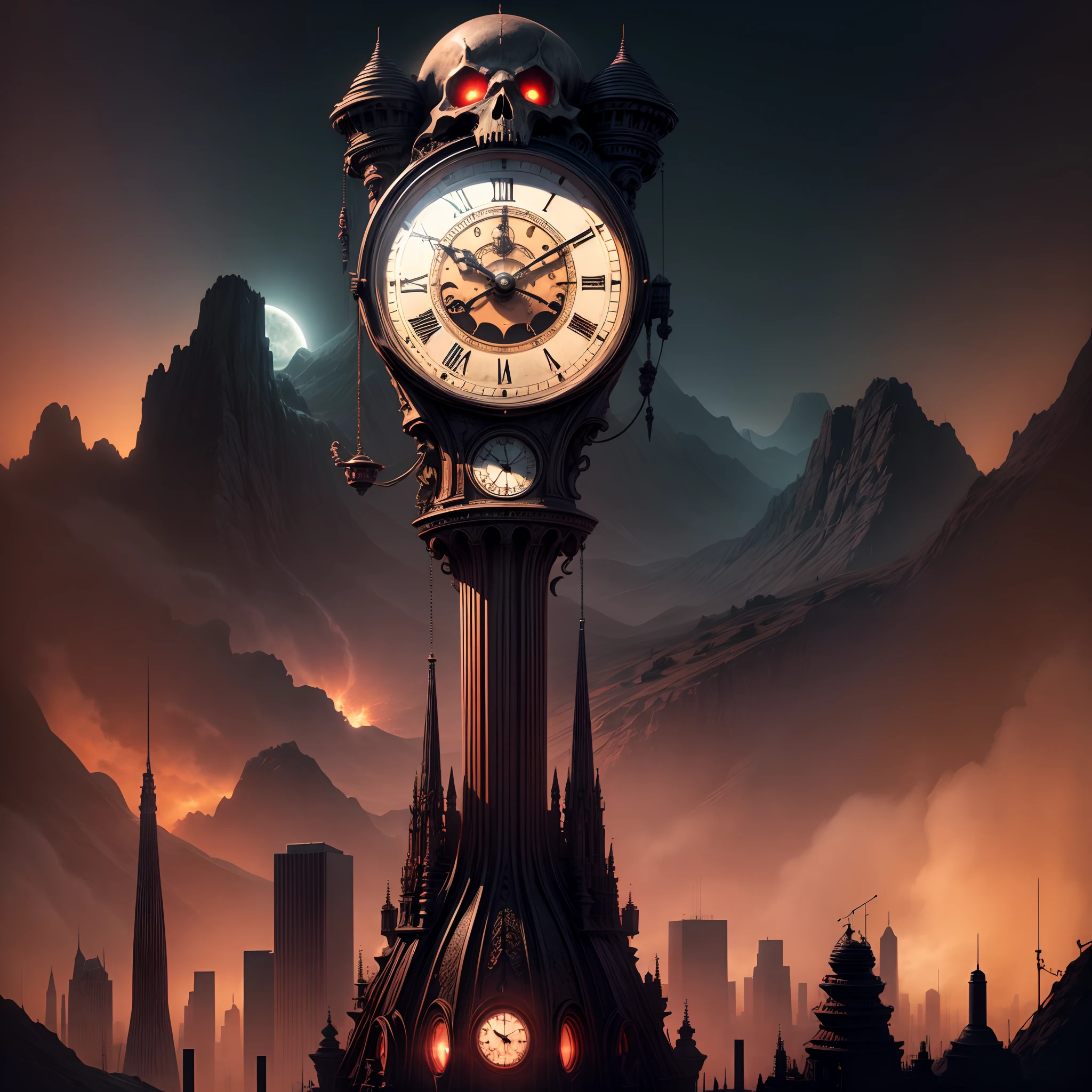 Une horloge à pendule antique emblématique de la ville de Mars, Maintenant imprégné d'éléments d'horreur et de mort. HORLOGE, Paysage urbain futuriste avec sol martien rouge en toile de fond, Dégage une aura étrange. Il juxtapose l'architecture de science-fiction, Son design complexe prend un côté sinistre，Et avec des notes de motif de crâne. Le cadran de l'horloge ressemble à un crâne souriant, Le pendule imite une faucille. L'horizon de Mars est dominé par cette présence inquiétante, Créez une atmosphère surréaliste et surnaturelle, Avec un soupçon de peur. Le paysage est hanté, Des personnages et des ombres effrayants ajoutent de la couleur au décor étrange. L'éclairage est dramatique, casting long, Ombres effrayantes，Souligner le caractère sinistre de l'horloge
