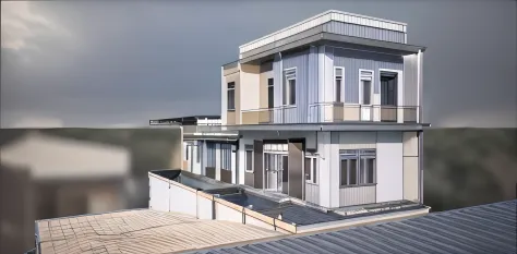 a rendering of a two story building with a balcony and a balcony, 3 d finalrender, 3d finalrender, digitally drawn, in style of simplified realism, 3 d rendering, 3d rendering, detailed 3 d render, detailed 3d render, 3 d perspective, 2 d render, sketch - ...