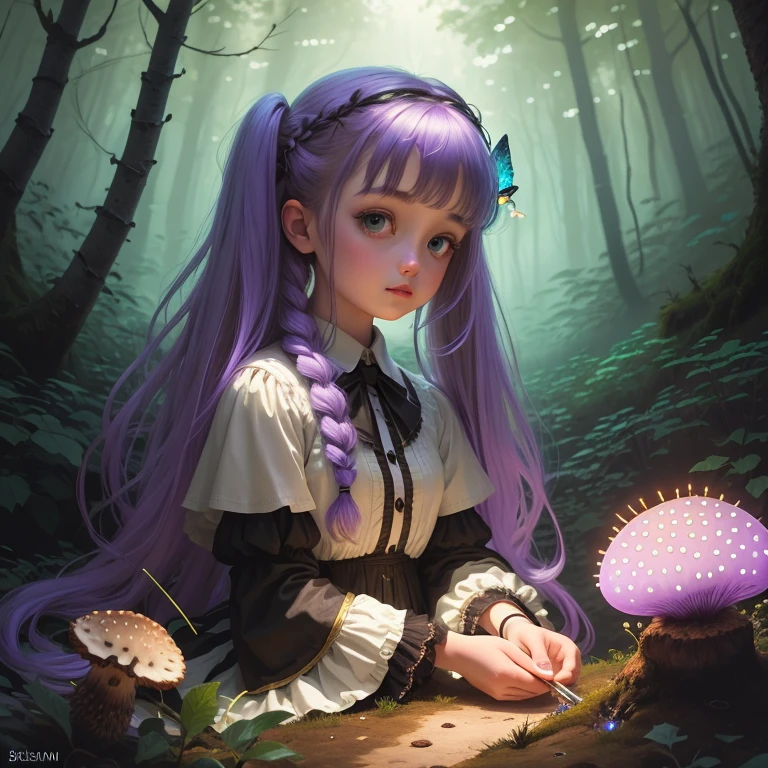 (ilustração, estilo de pintura, obras de arte famosas, arte profissional:1.2) (obra de arte, melhor qualidade, iluminação dramática:1.2), estilo de pintura, DruidMagicAI, Bonecos BJD, Excêntrico, Jovem adolescente (cabelo claro:1.3) Garota (Cochilando em cima de um grande cogumelo felpudo:1.1) Em uma antiga e exuberante floresta retorcida, twintails, (fitas roxas:1.1), olhos verdes, (Cogumelo Brilhante Bioluminescente:1.1), bioluminescência, cogumelos, (vagalumes:1.2)