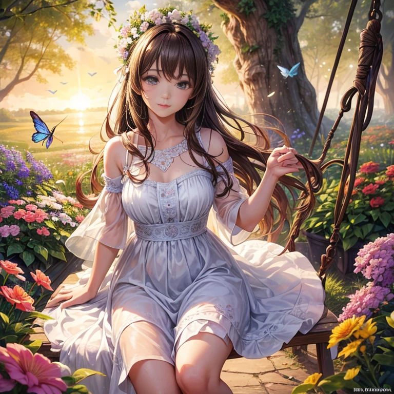 best quality, ultra-detailed, realistic, HDR, vivid colors, soft lighting,girl with long brown hair looking at the sunset,sitting on a swing in a blooming flower garden, wearing a flowing white dress, surrounded by colorful butterflies and hummingbirds, creating a sense of magic and tranquility. The sun casts a warm golden glow across the scene, illuminating the girl's face and highlighting the delicate details of her eyes, nose, and lips. The flowers in the garden are in full bloom, their vibrant colors contrasting beautifully with the girl's ethereal appearance. In the distance, a gentle breeze sways the trees, creating a soft rustling sound. The atmosphere is peaceful and serene, inviting viewers to immerse themselves in the beauty of the moment. The overall image should have a high level of realism, with every texture and detail rendered with precision. The colors should be vivid and vibrant, enhancing the dreamlike quality of the scene. The lighting should be soft, casting a warm and gentle glow that adds a touch of warmth and softness to the entire composition. This artwork should capture the beauty of nature and evoke a sense of tranquility and wonder.