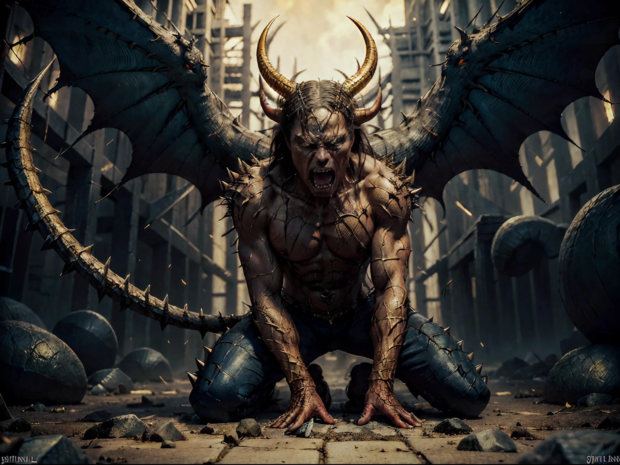 (Masterpiece:1.1) (Gothic fantasy art in style of Gerald Brom:1.2) A golden inhuman demon stands on a mountaintop at dawn, crouching posture, (golden skin, scales, horns, spikes:1.2), (angry expression, bared teeth:1.2) (blood on the ground:1.1)