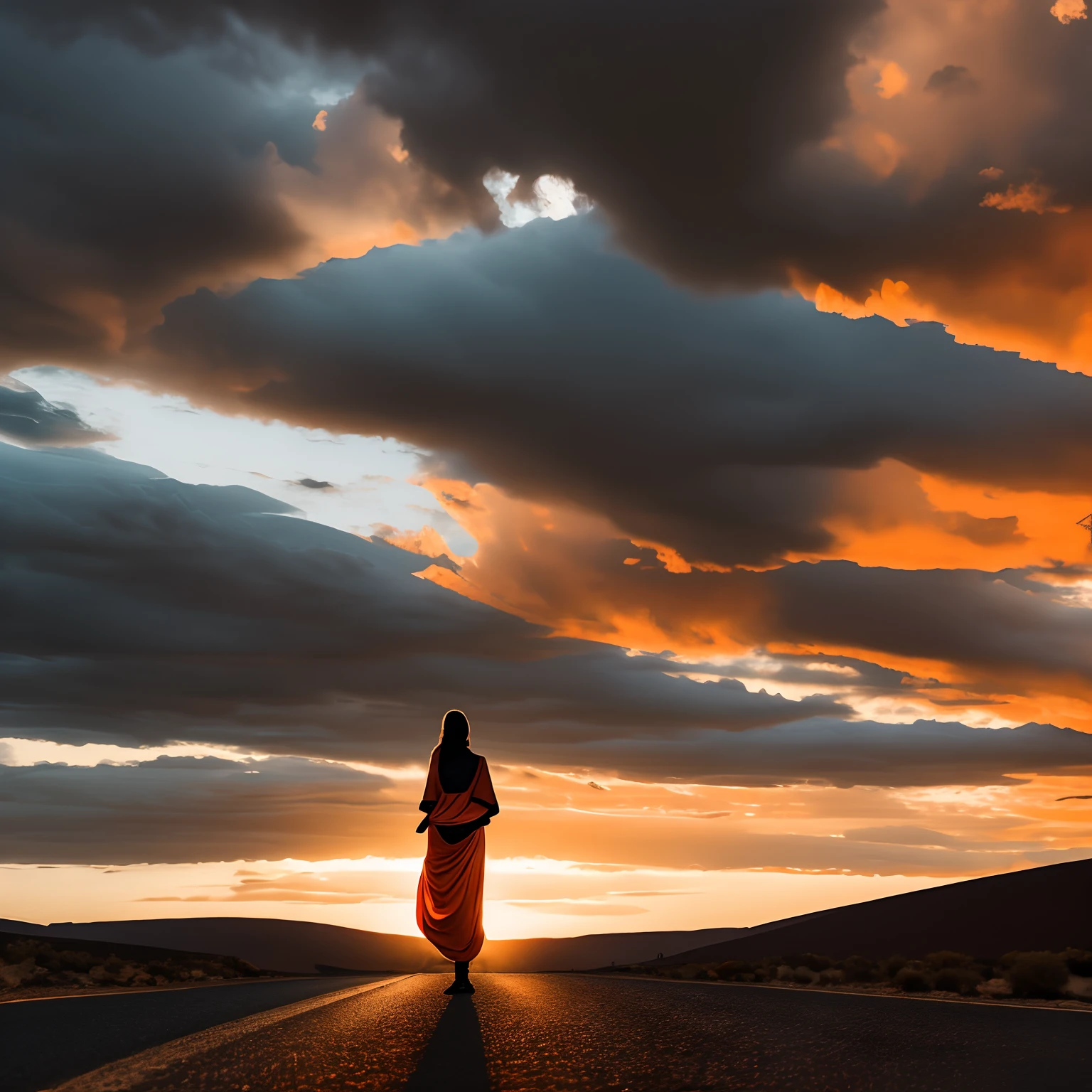 (chef-d&#39;œuvre),(Meilleure qualité), Désert australien, ciel gris-noir, nuages sombres flous orange brillant, utiliser #ff4300 comme ligne directrice pour l&#39;orange,
silhouette d&#39;une belle femme à genoux mendiant vers le ciel, femme sur la route, De nombreux soldats, ambiances sombres, aigles royaux dans les airs