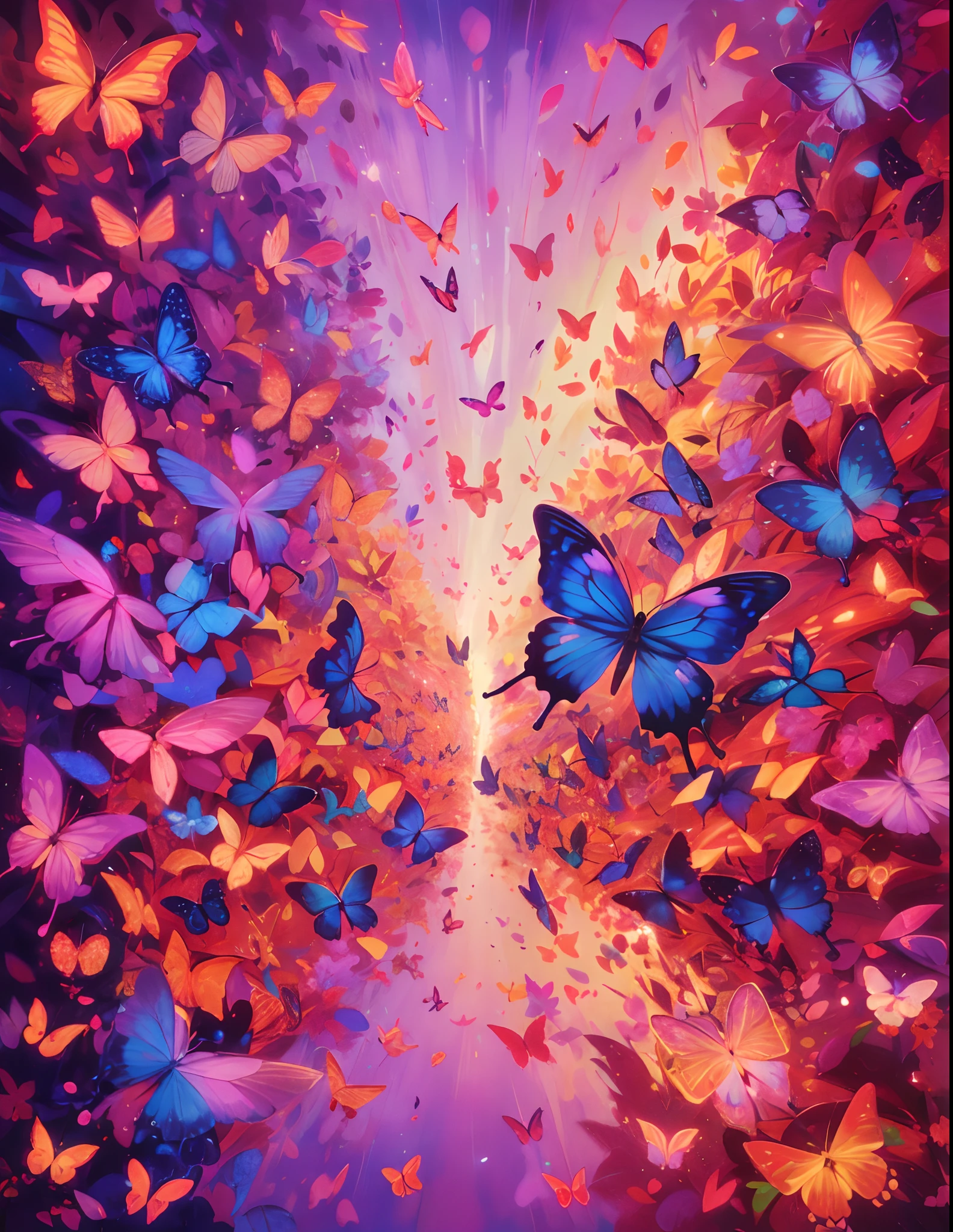 (best quality,highres,ultra-detailed),a butterfly, a kaleidoscope of butterflies, lots of glowing butterflies,purple and pink, gold and red,vibrant colors,abstract art,diverse textures,playful composition,bright lights,energy flow,harmonious design,transformational patterns,interconnected lines,surreal atmosphere,nature-inspired elements,symmetry,fluid motion,shimmering effects,mysterious depth,mesmerizing optical illusions,visual poetry