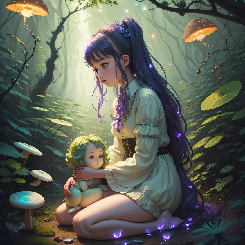 (ilustración, estilo de pintura, obra de arte famosa, obra de arte profesional:1.2) (obra maestra, mejor calidad, iluminación dramática:1.2), estilo de pintura, DruidaMagiaAI, Muñecas Bjd, Caprichoso, joven adolescente (pelo claro:1.3) chica (Dormir encima de un gran hongo velloso:1.1) In a lush ancient gnarled forest, dos colas, (cintas moradas:1.1), ojos verdes, (Hongo resplandeciente bioluminiscente:1.1), bioluminescense, hongos, (Luciérnagas:1.2)