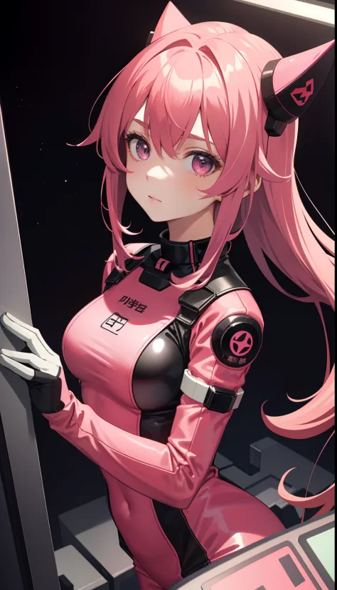 girl in、AS-Adult、Underwear、Cute technologic latex pink dress、in a space station, Upper body portrait、anime style, aesthetic, 8k