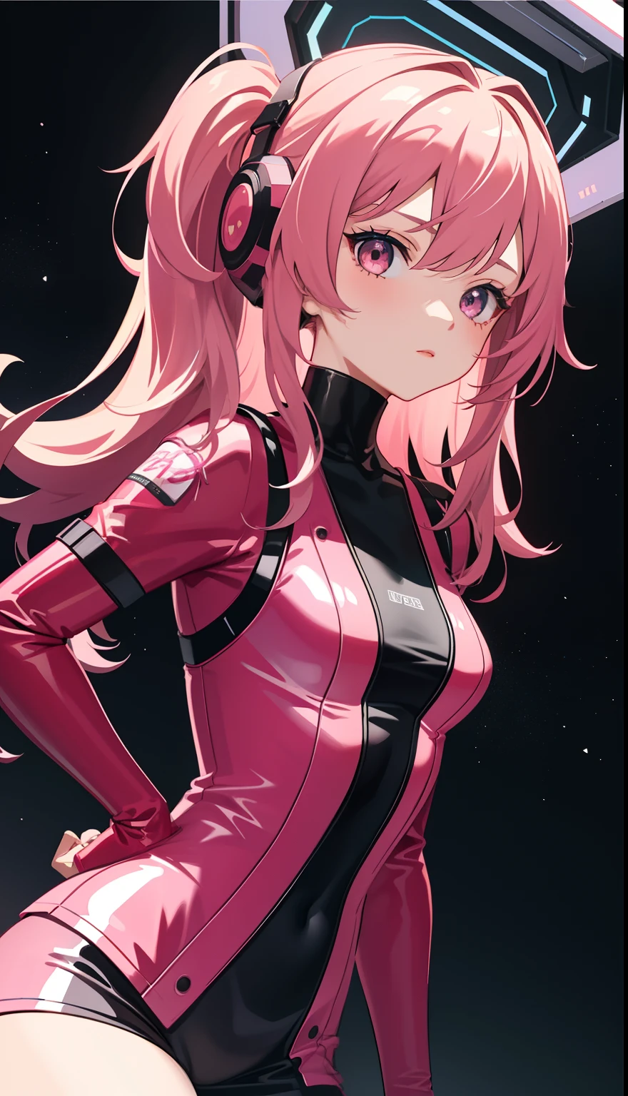 girl in、AS-Adult、Underwear、Cute technologic latex pink dress、in a space station, Upper body portrait、anime style, aesthetic, 8k