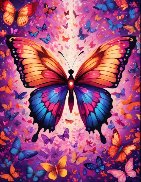 (best quality,highres,ultra-detailed),a butterfly, a kaleidoscope of butterflies, lots of glowing butterflies,purple and pink, gold and red,vibrant colors,abstract art,diverse textures,playful composition,bright lights,energy flow,harmonious design,transfo...