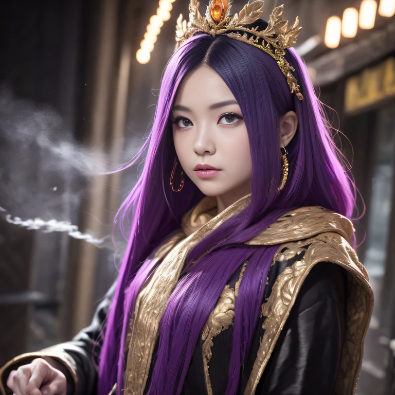 32K（tmasterpiece，k hd，hyper HD，32K）Long flowing bright purple hair，Autumn Pond，zydink， a color， Asian people （Silly girl）， （Silk scarf）， Combat posture， looking at the ground， long whitr hair， Floating bright purple， Fire cloud pattern gold tiara， Chinese long-sleeved gold silk garment， （abstract ink splash：1.2）， white backgrounid，Lotus protector（realisticlying：1.4），Bright purple hair，Smoke on the road，The background is pure， A high resolution， the detail， RAW photogr， Sharp Re， Nikon D850 Film Stock Photo by Jefferies Lee 4 Kodak Portra 400 Camera F1.6 shots, Rich colors, ultra-realistic vivid textures, Dramatic lighting, Unreal Engine Art Station Trend, cinestir 800，Long flowing bright purple hair