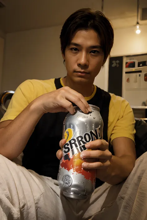 one man holding a can, yellowsoda, soda can