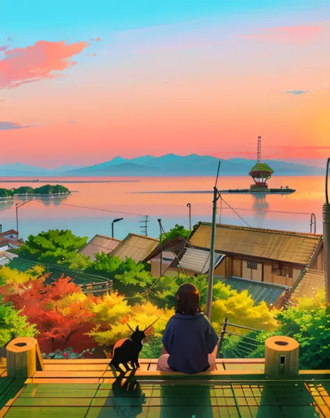 there is a woman sitting on a shelf with a cat, ehime, japan shonan enoshima, kamakura scenery, by nishida shun'ei, by central p...