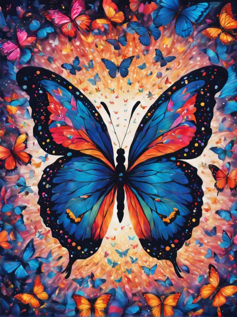 (best quality,highres,ultra-detailed),a butterfly, a kaleidoscope of butterflies, lots of glowing butterflies, butterfly at the middle,vibrant colors,abstract art,diverse textures,playful composition,bright lights,energy flow,harmonious design,transformati...