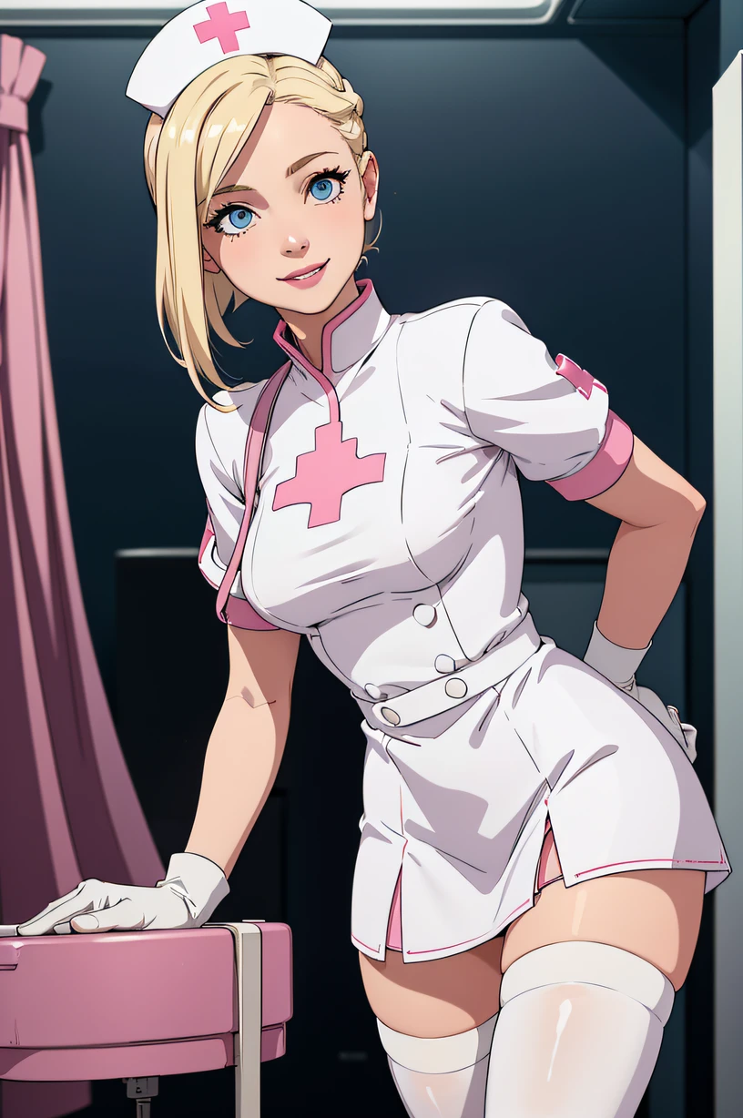 1girl, solo, nurse, nurse cap, white wear, ((white legwear, zettai ryouiki)), white gloves, blonde hair, blue eyes, pink lips, smile, standing, ((hospital room)), sharp outline, short sleeves, best quality, masterpiece