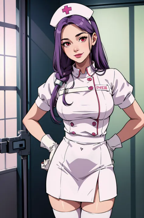 1woman, solo, nurse, nurse cap, white wear, ((white legwear, zettai ryouiki)), white gloves, long hair, purple hair, red eyes, p...