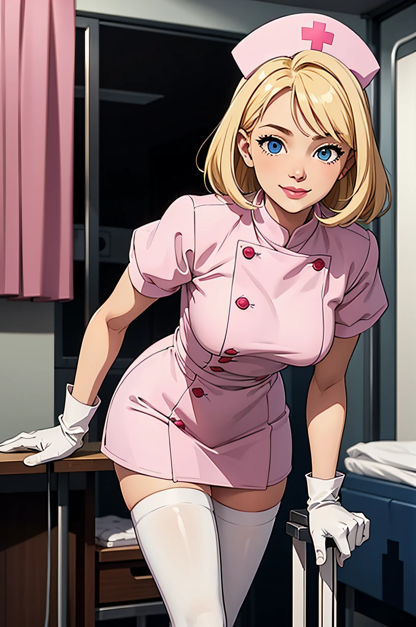 1girl, solo, nurse, nurse cap, white wear, ((white legwear, zettai ryouiki)), white gloves, blonde hair, blue eyes, pink lips, smile, standing, ((hospital room)), sharp outline, short sleeves, best quality, masterpiece