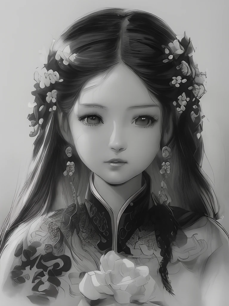 un cuadro de una niña con el pelo largo y flores en el pelo,Los bocetos están detallados.，boceto en blanco y negro，
