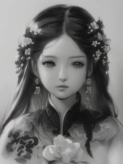 A painting of a girl with long hair and flowers in her hair,The sketches are detailed，Black and white sketch，