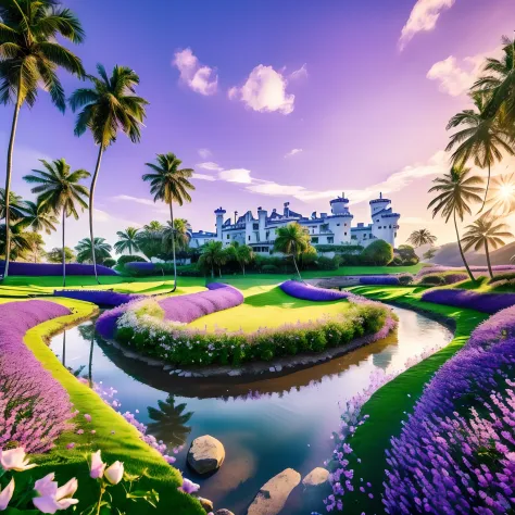 (Masterpiece),(Best Quality), a meadow, (large green grassland),
(tall palm trees with (purple leaves)), (a river winding throug...