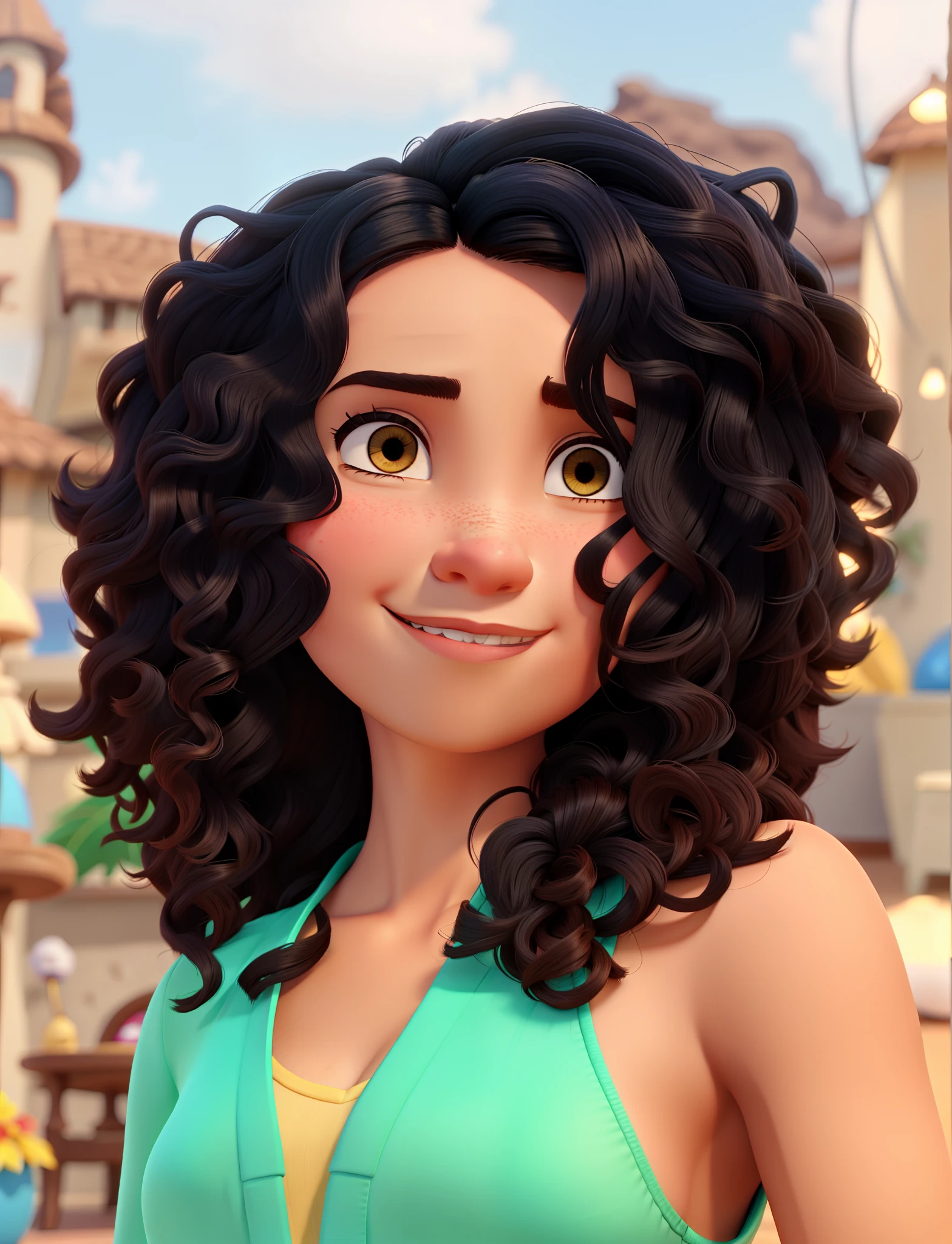 A close up of a cartoon character with a green dress - SeaArt AI