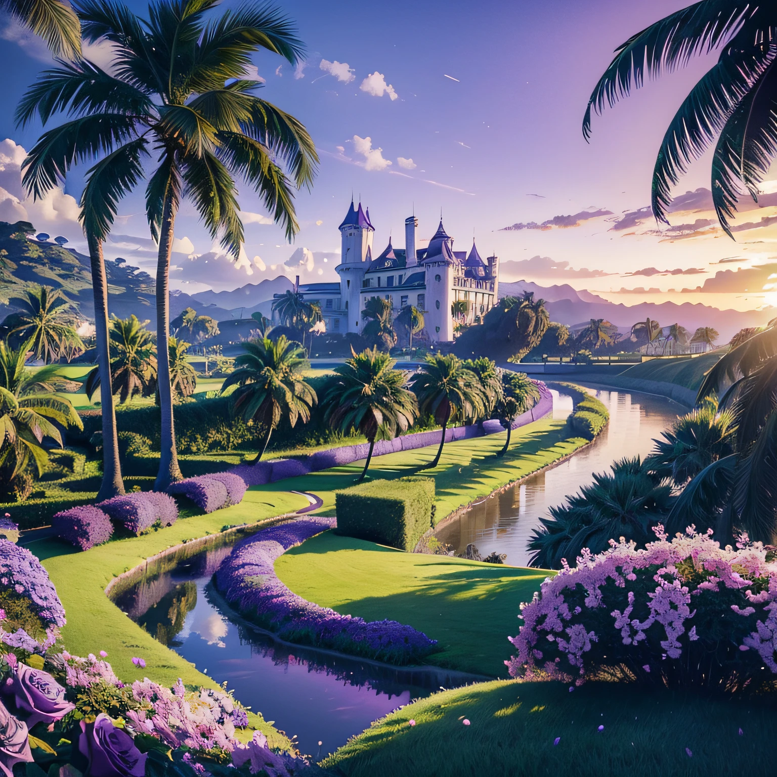 (Masterpiece),(Best Quality), a meadow, (large green grassland),
(tall palm trees with (purple leaves)), (a river winding through the area),
(white horses), a gravel path with pink and blue roses on each side winding through the area,
blurred grand old castle, beach