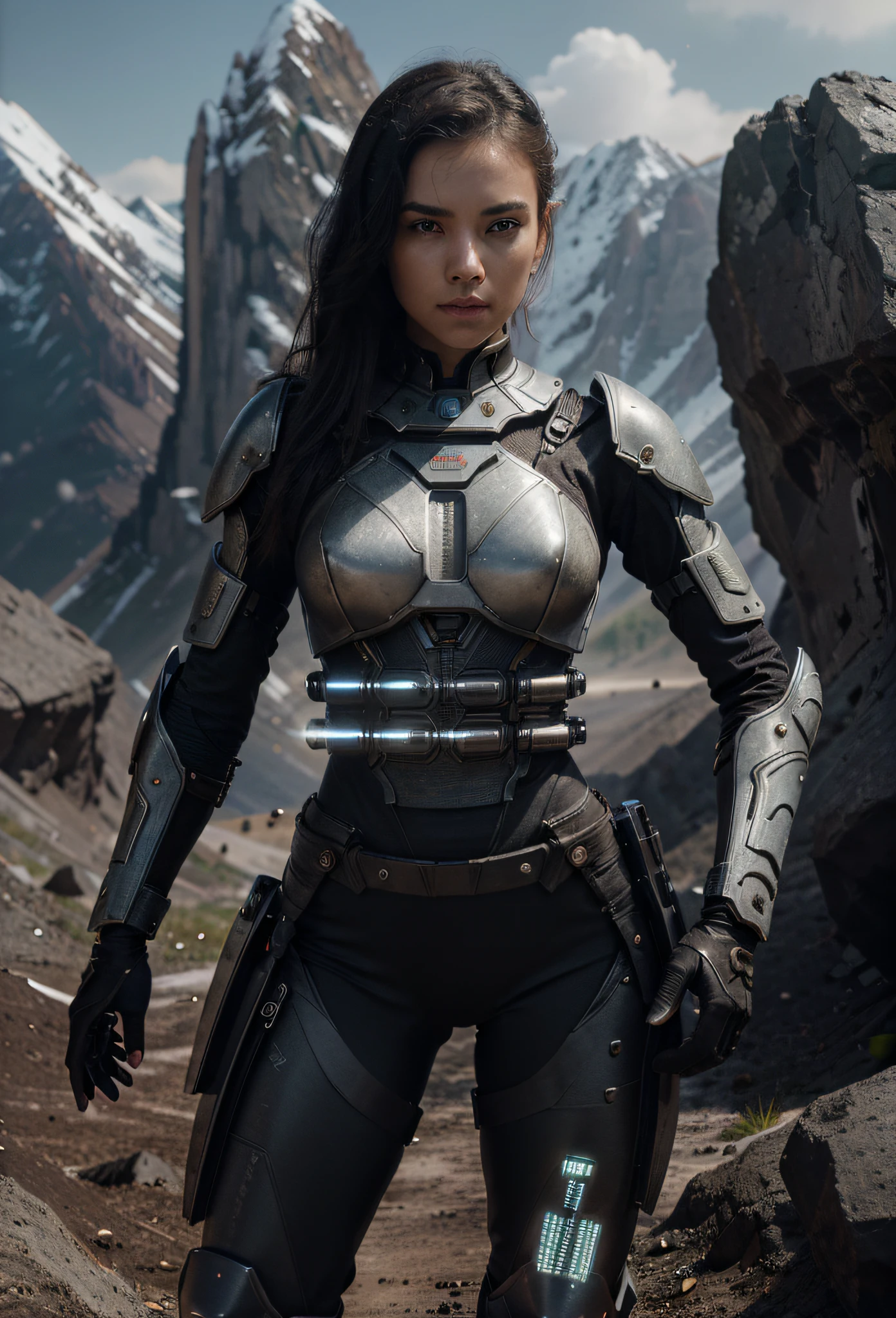 Armadura de meVery beautiful female soldier, black hair, white skin, Chinese characteristics, brown eyes, serious expression, She wears a black cyborg suit with light brown and red details, The legs of the suit are reinforced with metal plates, In one of her hands she carries a very advanced weapon, tubes and cables, in his other hand a large machine, at the bottom he has drillers, black metallic military boots, he is inside a crater, background of the image mountains in China, beautiful day, realistic, 4k, Ultra detailed image, realistic, Highly detailed, perfect composition, gorgeous, Intricately detailed, incredibly detailed, Art photography 8K, hyper detailed, Masterpiece, Ultra detailed, hyper realistic, 4k, Ultra detailed image, realistic, Highly detailed, perfect composition, beautiful , intricately detailed, incredibly detailed, art photography 8k, hyper detailed, masterpiecetal negro