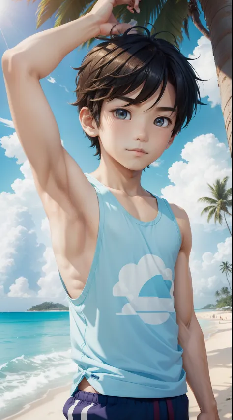 Anime style,Summer sky、Into the cloud、1boy,Little Boy, hansome boy, cute face, adorable boy, beach, coconut tree, Cheerful boy。Tank Tops、body only, 、(show his armpit, focus on the armpit, shine closer to the armpit), boy focus