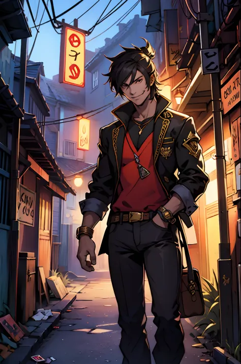 A gambler，Fantasy game style，Dice in hand，A bad smile，In the background is an alley，night