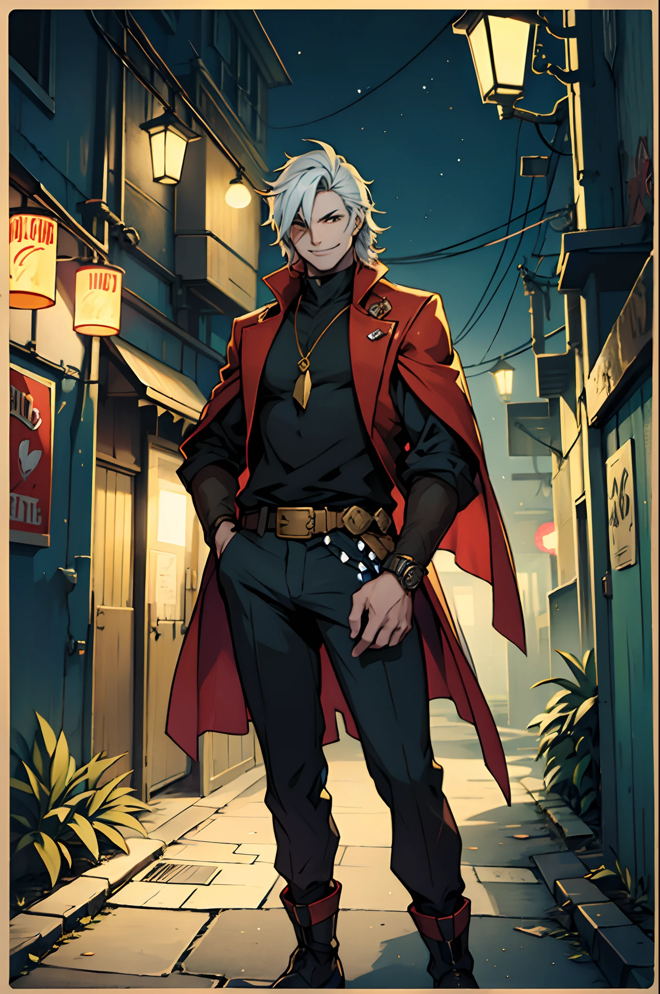 A gambler，Fantasy game style，Dice in hand，A bad smile，In the background is an alley，night