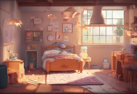 （Pixar style),Cozy small room model, Miniature character models, Light source from right to left, Rum Blanc lighting, Light source from right to left, (iso-distance view), (top down), Realistic proportions, Post-processing, ((Orthogonal perspective)), Supe...