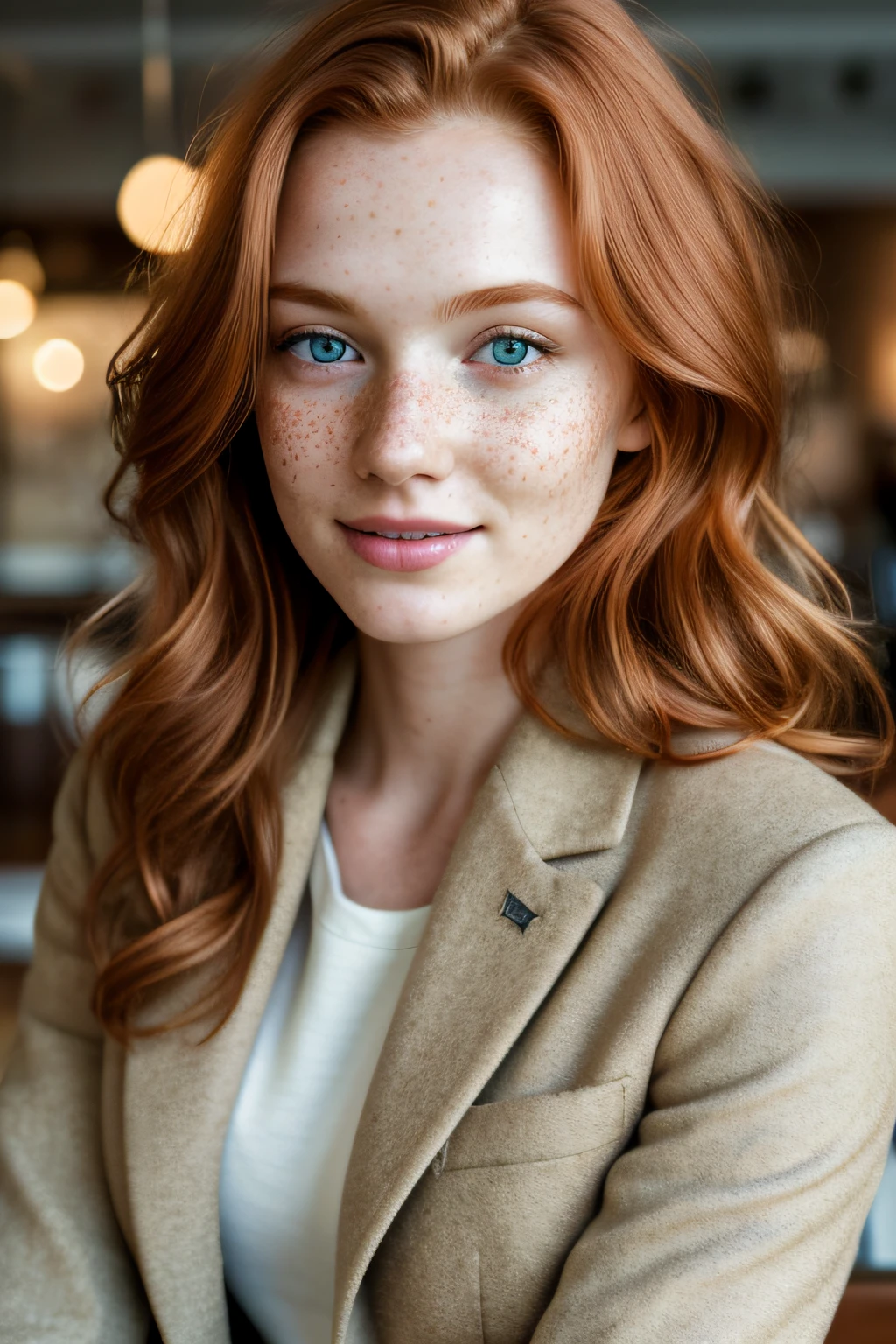 1girl in, age19, Solo, Aesthetic artwork, irish redhead, wavy ginger hair, shoulder length ginger hair, gray eyes, light grey eyes, some small freckles, pale skin, B-cup, medium sized breasts, runners body, detailed skin texture, sitting in a coffee shop, next to a table with coffee cups, smiling, cozy vibes, winter vibes, low lighting, (extremely detailed 8k wallpaper), soft lighting, high quality, film grain, Fujifilm XT3 sharp focus, f 5.6, 50mm, High Detail, Sharp focus,(natural light), white long sleeve coat, unbuttoned, light green khaki pants, crazy details, complex details, hyper detailed