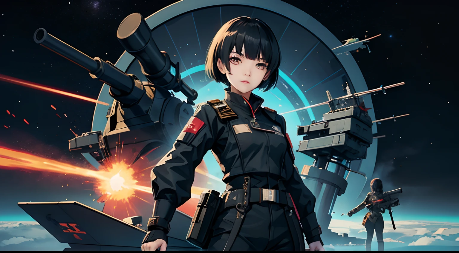 Asian woman with a gun in a futuristic setting on the background of space, 1girl, arma, CANNON, 独奏, holding, holding weapon, Short hair, submachine gun, rifle, Pointing at the camera, holding_CANNON, Aiming | Aiming_at_Viewer, trigger_discipline | finger_UPON_Trigger