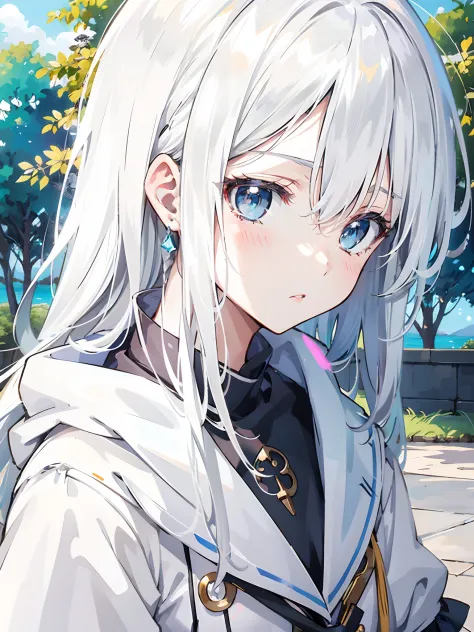 Anime girl with long white hair and blue eyes in a white coat, white haired god, perfect gray hair girl, white  hair, Girl with ...