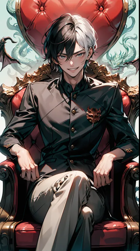 (Detailed dragon background:1.5)、Official art、(Beautifully Aesthetic:1.2)、(Light shining)、(Sit in a plush chair:1.5)、(Handsome m...