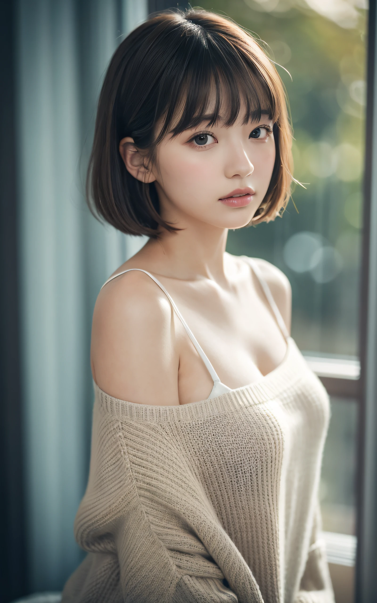 A woman with a short hair and a sweater posing for a picture - SeaArt AI