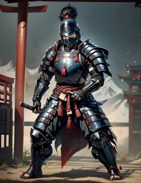 Samurai in Japan wear masks，No helmet, Urban Samurai, epic image, Era,Frontal photo，Extremely meticulous，full armour，frontal pho...