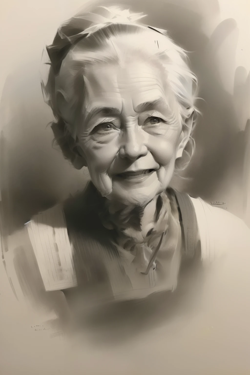 Pintura a carvão de uma velha gentil, 20 anos de idade, desenho de retrato, cabeça & Ombro, rosto detalhado, sorridente, fundo de flor, (Vovó, Sozinho), No estilo de Andrew Lomis, Norman Rockwell, Desenhos e gravuras antigos, caráter expressivo . obra de arte, ((Desenho a carvão de madeira)) , desenho de corpo inteiro.