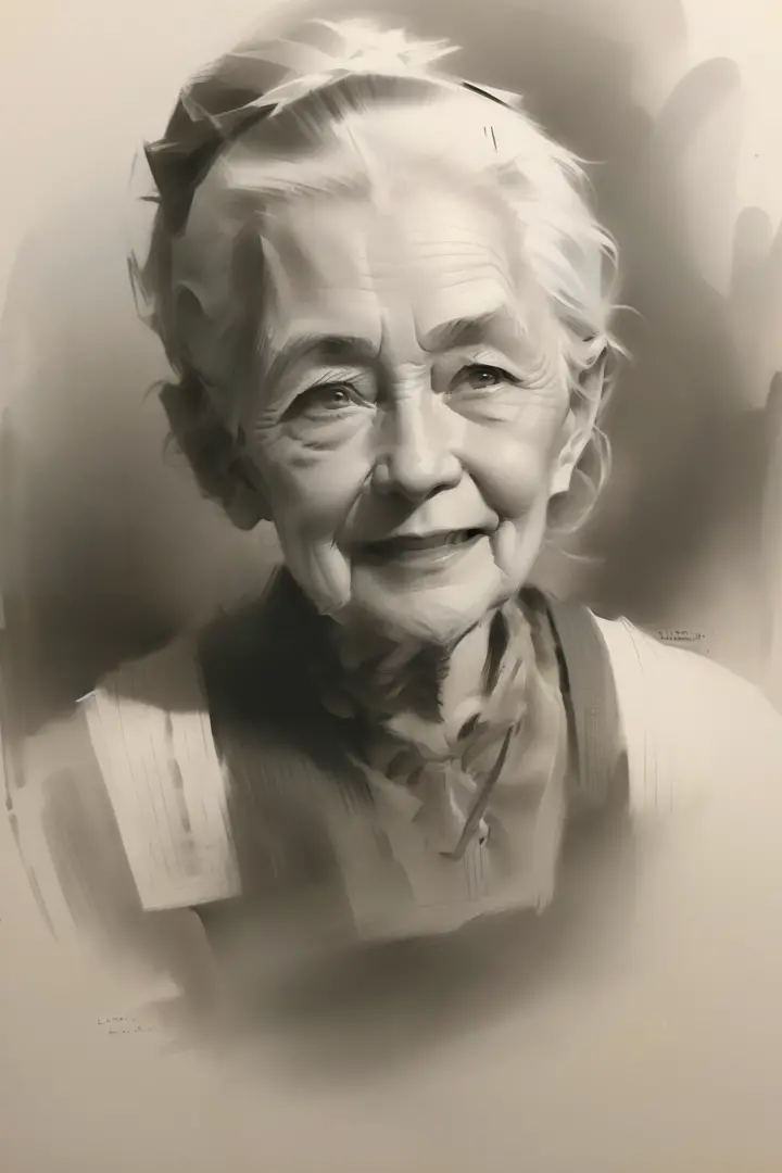 Charcoal painting of a kind old woman, 20 years old, Portrait drawing, Head & Shoulder, Detailed face, Smiling, Flower backgroun...