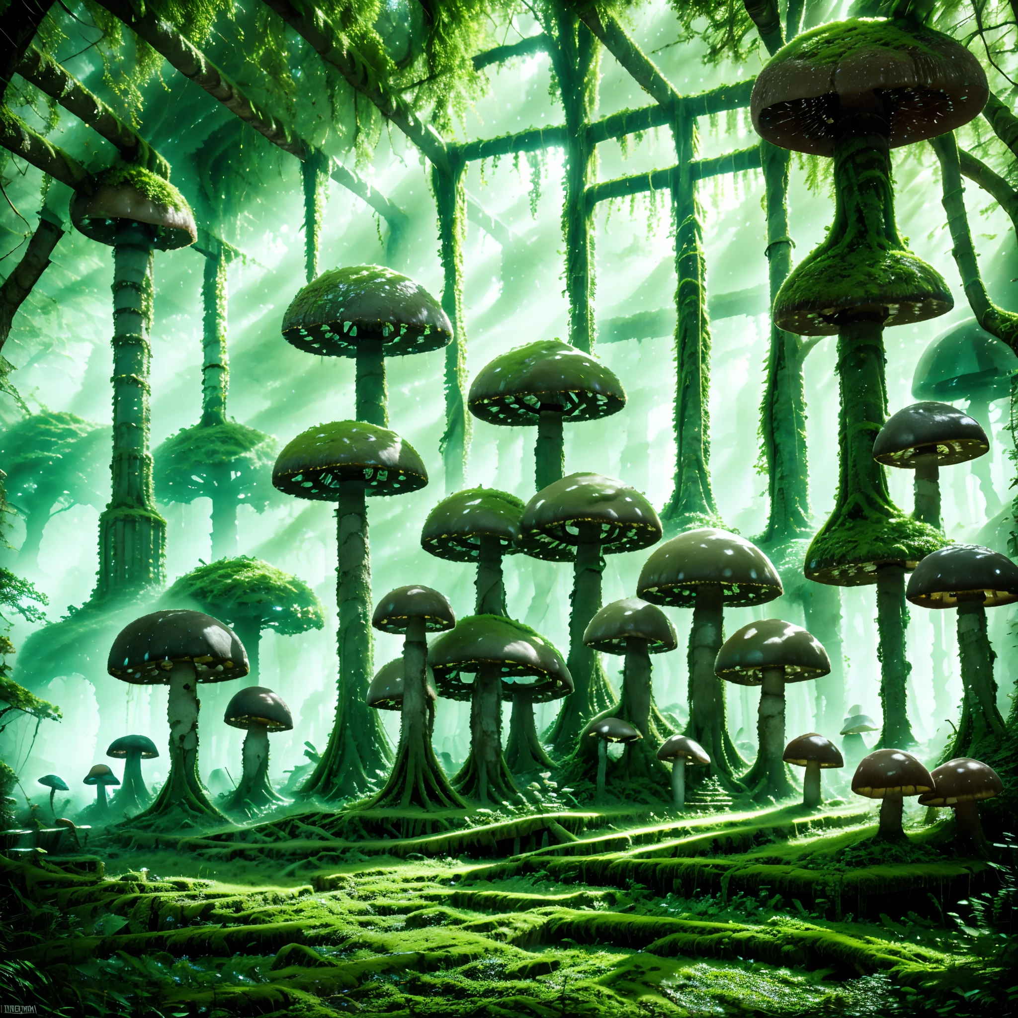 vieilles ruines, champignons, les forêts, jungle, vieilles ruines, végétation, les bois, des pierres, la nuit, la magie, Des étincelles, Image chaotique, les forêts, Gros champignon, Glowing muchampignons, mousse, vieilles ruines, Structure démolie