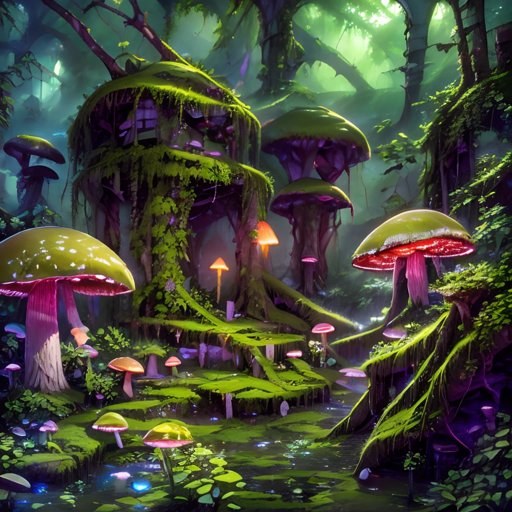 vieilles ruines, champignons, les forêts, jungle, vieilles ruines, végétation, les bois, des pierres, la nuit, la magie, Des étincelles, Image chaotique, les forêts, Gros champignon, Glowing muchampignons, mousse, vieilles ruines, Structure démolie