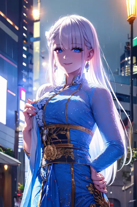 riseliaray,white hair,blue eyes,earrings,masterpiece,best quality,night view,rainy,cyberpunk city,wet clothes, kebaya_bali,white...