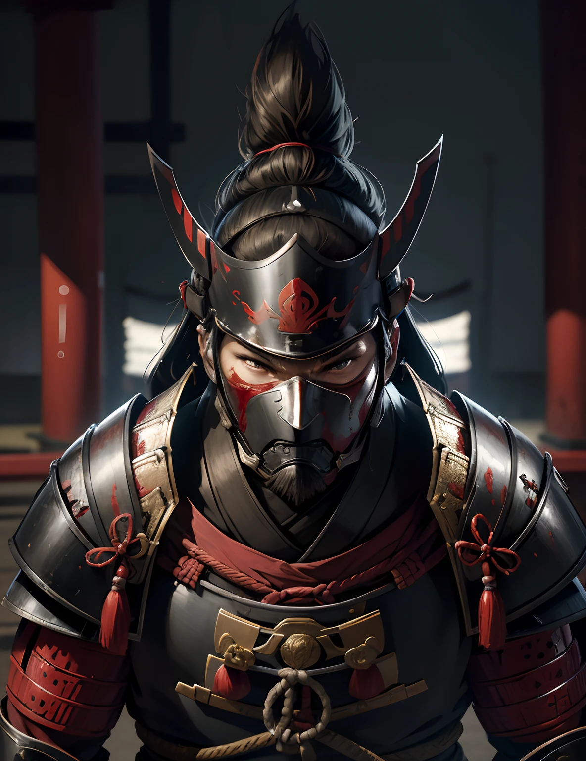 Samurais no Japão usam máscaras，sem capacete, Urban Samurai, imagem épica, Era,foto frontal，extremamente meticuloso，armadura completa，fotos frontais，relaxante，sem capacete，Cabelo cacheado，armadura preta，Armadura Quebrada，O corpo não está limpo，sangrar，Combat posture，no campo de batalha，postura em pé，preparando-se para lutar，