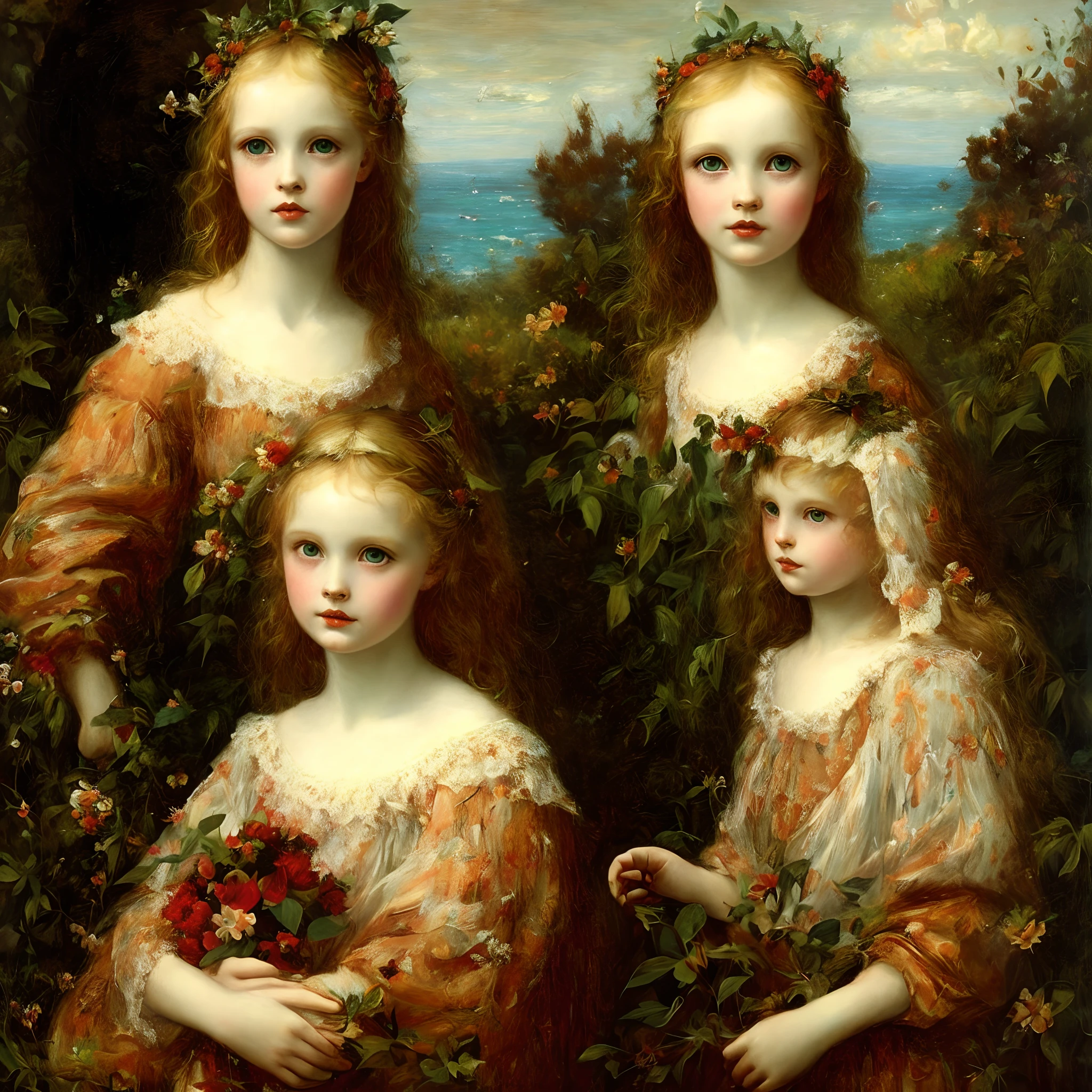 絵画の前で花を持っているドレスを着た3人の女の子 - SeaArt AI