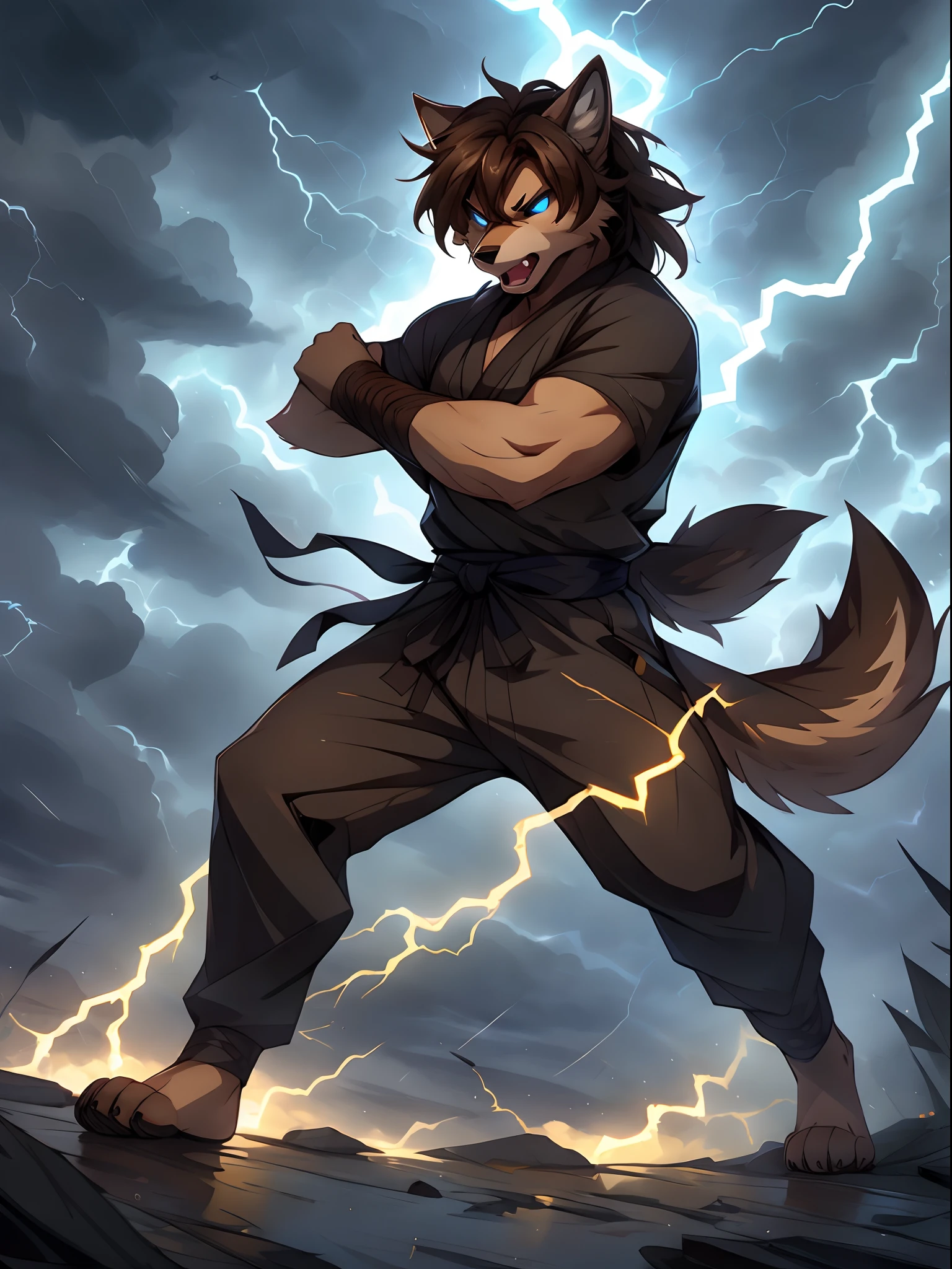 Jaiden, solo, brown wolf, dark brown shaggy hair, wearing hand wraps, ninja shirt, hakama pants, barefoot, feet paws, 4 toes, ninja stance, outdoors, thunderstorm outside, stormy weather, surrounded by thunder energy, electricity surging from his arms, glowing blue eyes, yelling, angry face, brown wolf tail