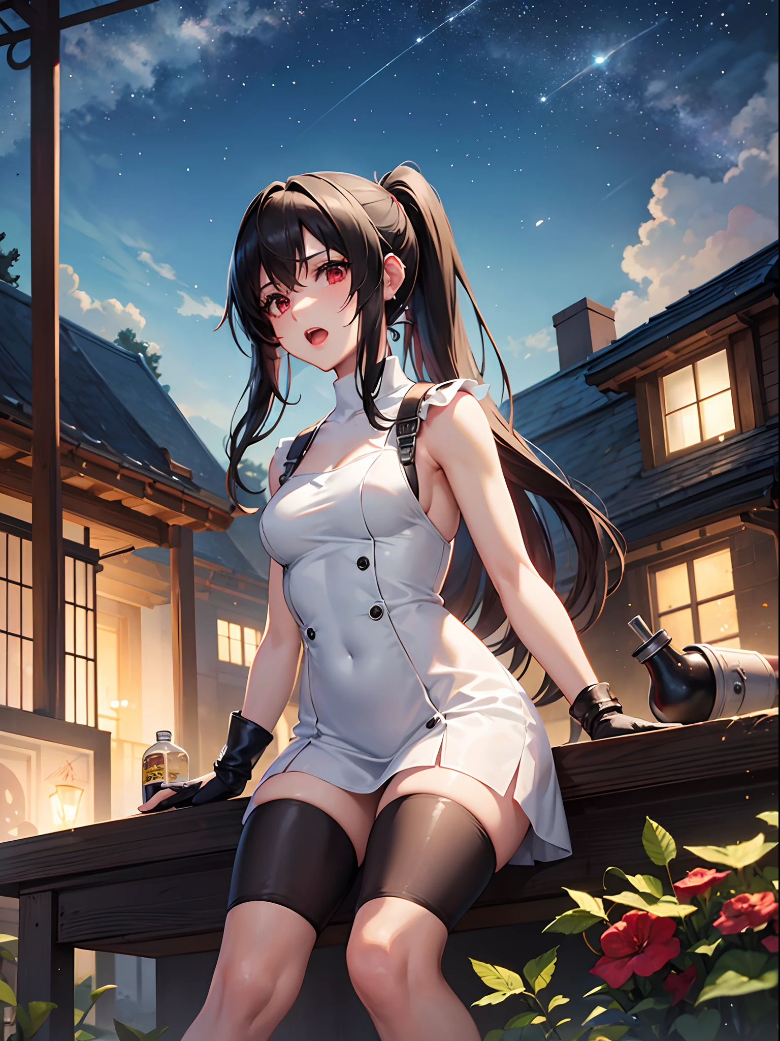 1_girl, tifa lockhart, mksks style, (very detailed background:1.0), (highly detailed background:1.0), final fantasy vii remake, (red eyes), 1girl, bare shoulders, aqua dress, black hair, green dress, sleeveless dress , sundress, house, long hair, night, night sky, open mouth, outdoors, ponytail, sitting, sky, sleeveless, sleeveless dress, star (sky), starry sky, town, aged down, small breasts, ((white frills)), (white dress),