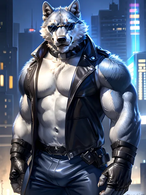 freddy, wolf, anthro body, wolf, (very muscular, heavyweight, strong chest:1.2), male, masculine, 4k, high resolution, correct anatomy, correct proportions, (city background), (night:1.2), half body, (by taran fiddler, by rukis:1.0), correct lighting, corr...