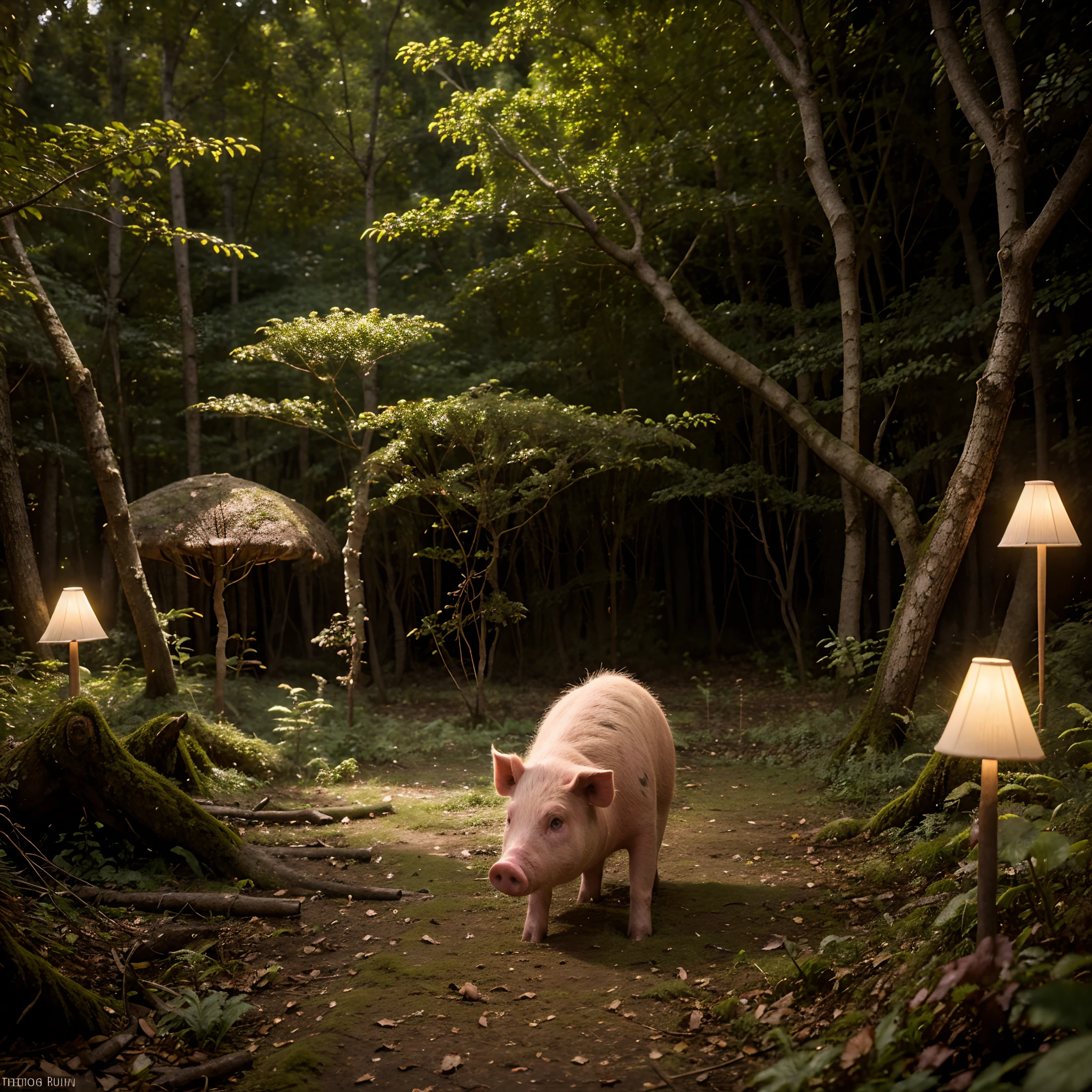 Cochon dans la forêt, racines, champignons, nuit, porc