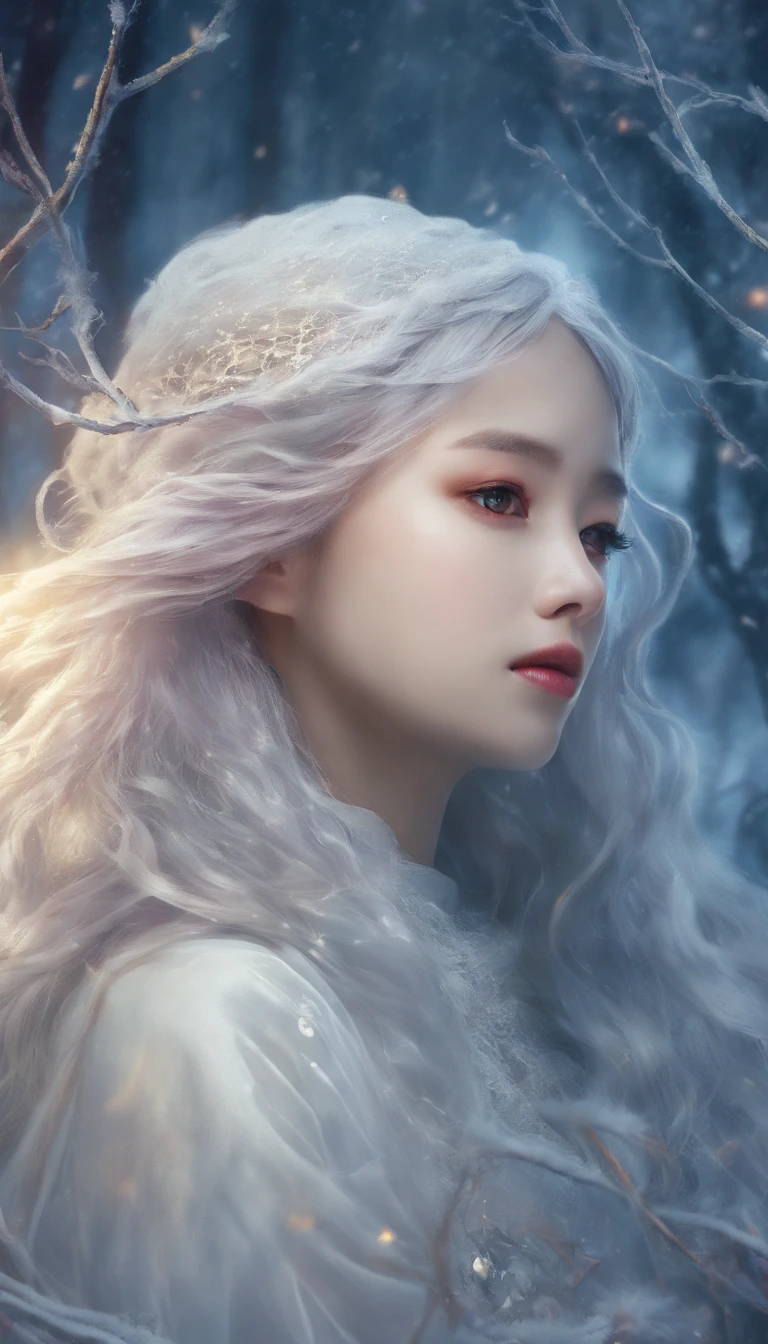 Winter lights, winter setting, Masterpiece, Young Korean idol girl in Focus shot, Korean female, Full body size, Christmas theme, With gray eyes, Vertical pupils, forest, white hair, Cold look, Lightweight, modern clothing, Pale skin, colorgrading, Lighting illustration, the person in the middle, Extreme quality, Radiant, Extremely detailed, Ultra-detailed face, Ultra HD 8K, ultra digitality, Mythical, Winter night lightning, Concept art portrait by Greg rutkowski, Art germ, ultra - detailed, intricate art, Fantasy style, triadic colours, Fantastical, intricately details, Splash screen, complementary colours, fantasy concept art, 8K resolution, Deviantart's masterpiece, Oil painting, Heavy strokes, Soft lighting, Film photography, analogue photography, filmgrain, anna dittmann, hyper photorealism, oil dripping,Girl Female, Korean idol female face, women with long hair,