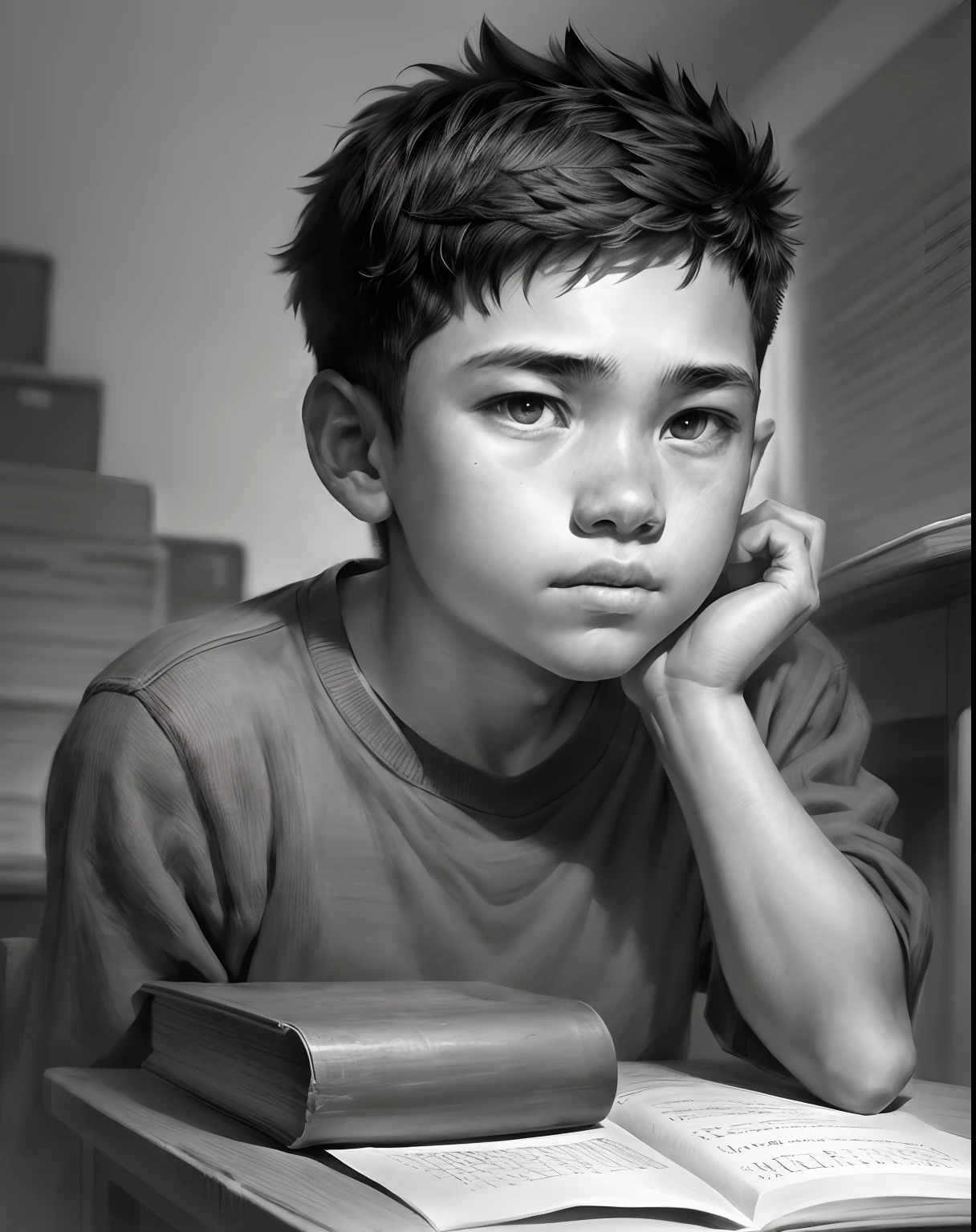 A 15-year-old boy studies in a classroom, Close-up portrait, charcoal portrait, Black and white, Pencil sketch. (Best quality, A high resolution, Ultra-detailed), Studio lighting, Realistic, Vivid colors, Fine details, Dramatic lighting, Contrast.