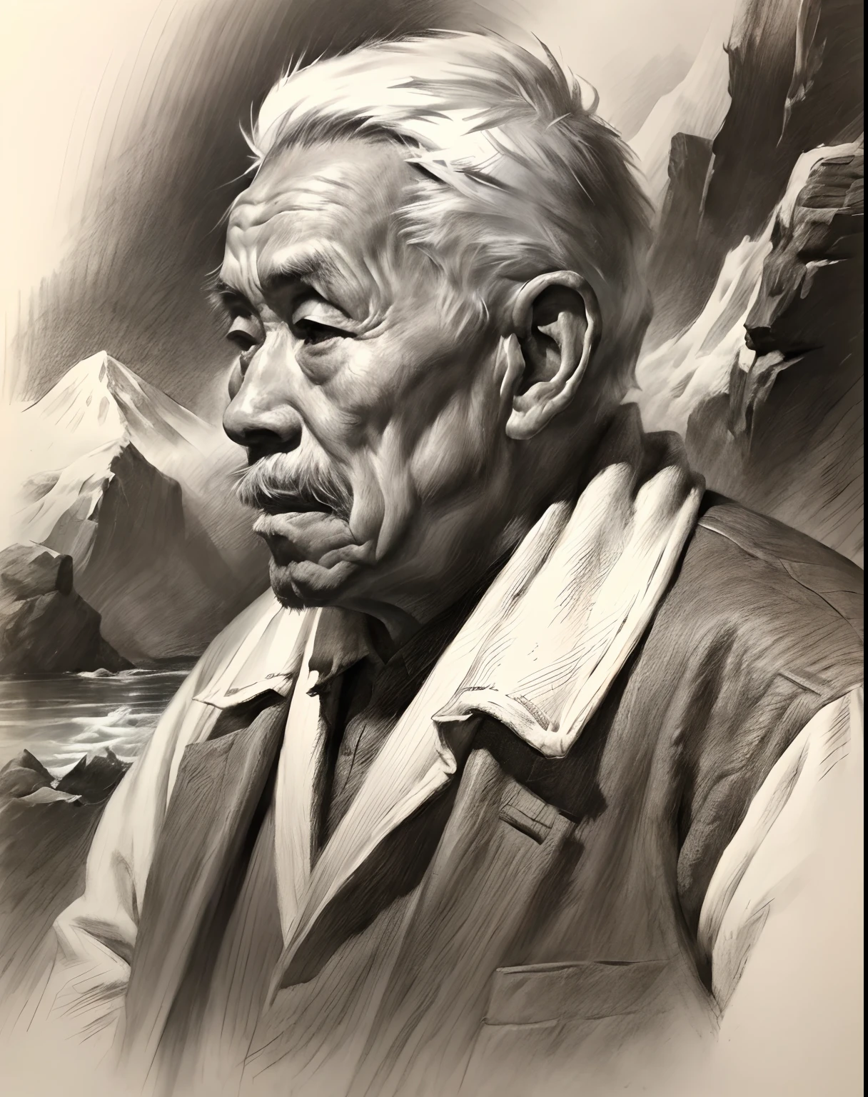 (A high resolution,Best quality,Realistic),(Portrait,Character) 's (Chinese old man:1.1),(Side view:1.1), Around (50 years old:1.1). The man has (Wrinkles:1.2) On his face, Show the mark of a better life. his (Expressive eyes),(Wise eyes:1.1) Show the depth of his experience. he had (Thick, White hair),(White hair:1.1) This adds to his noble appearance.

Portrait in (Classic charcoal style:1.2) with (Fine, detailedshadows:1.1), Capture every single one (wrinkle:0.9) and (wrinkle:0.9) In front of men. Sketching techniques brought out (Texture:1.1) His skin, Make it feel three-dimensional. The background is tranquil (landscape:1.1) with (misty mountains:1.2) and (Flowing rivers:1.1), It symbolizes the wisdom and serenity that comes with age.

The image is (Exceptional quality:1.2), with (清晰's线条:1.1) and (Subtle tones:1.1) Create an (true to life:1.37) Representatives of the elderly. the lighting is subdued， (Natural:1.1), Emphasize the contours of his face，adding depth to the overall composition.

This artwork captures the beauty and elegance of an elderly Chinese man, Reveal the wisdom and stories hidden beneath his old countenance. It's a (A touching portrayal) Celebrating China's rich history and cultural heritage.