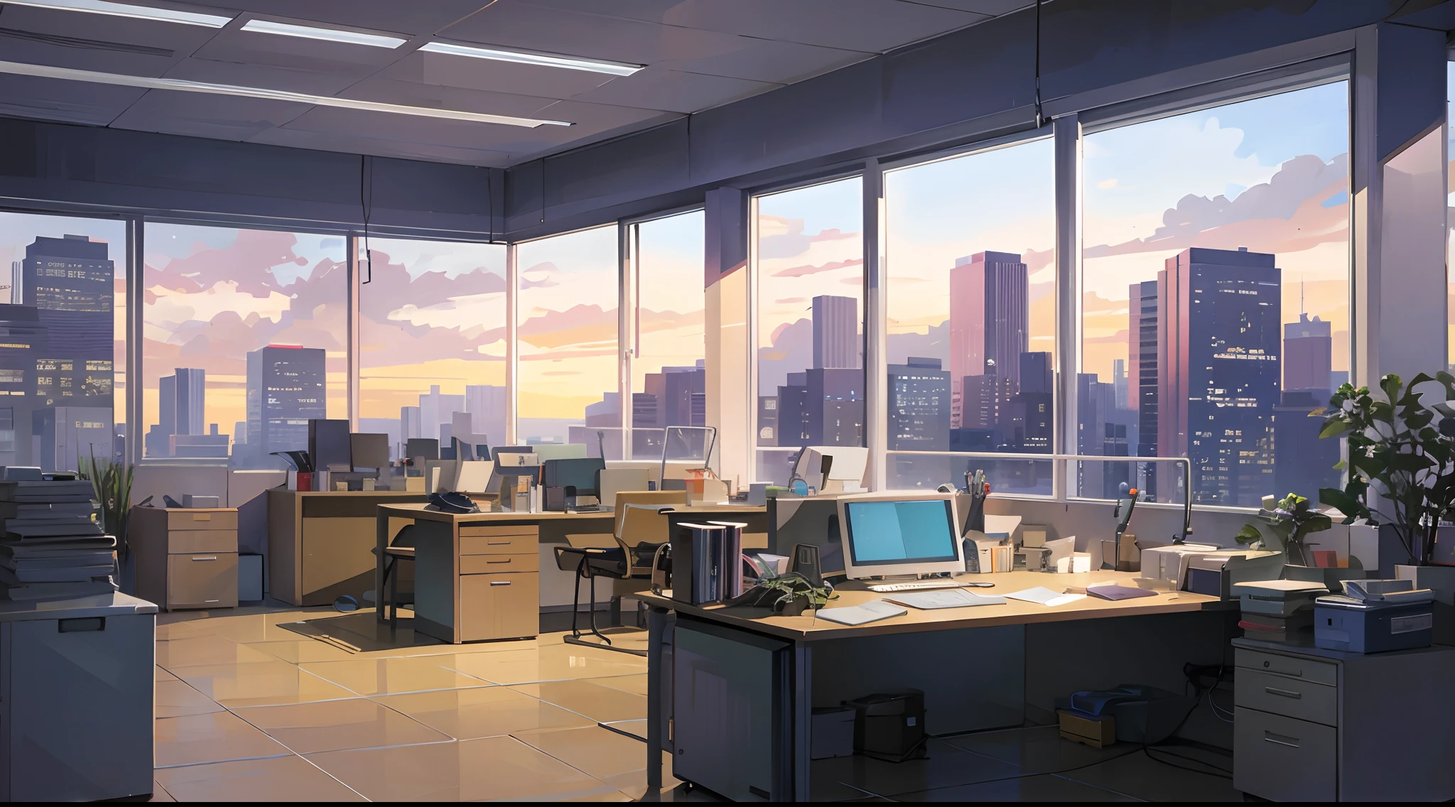 OFFICE SCENARIO, OFFICE, ANIME STYLE, HIGH DEFINITION, MASTERPIECE, without anyone, scenario, ((at night))